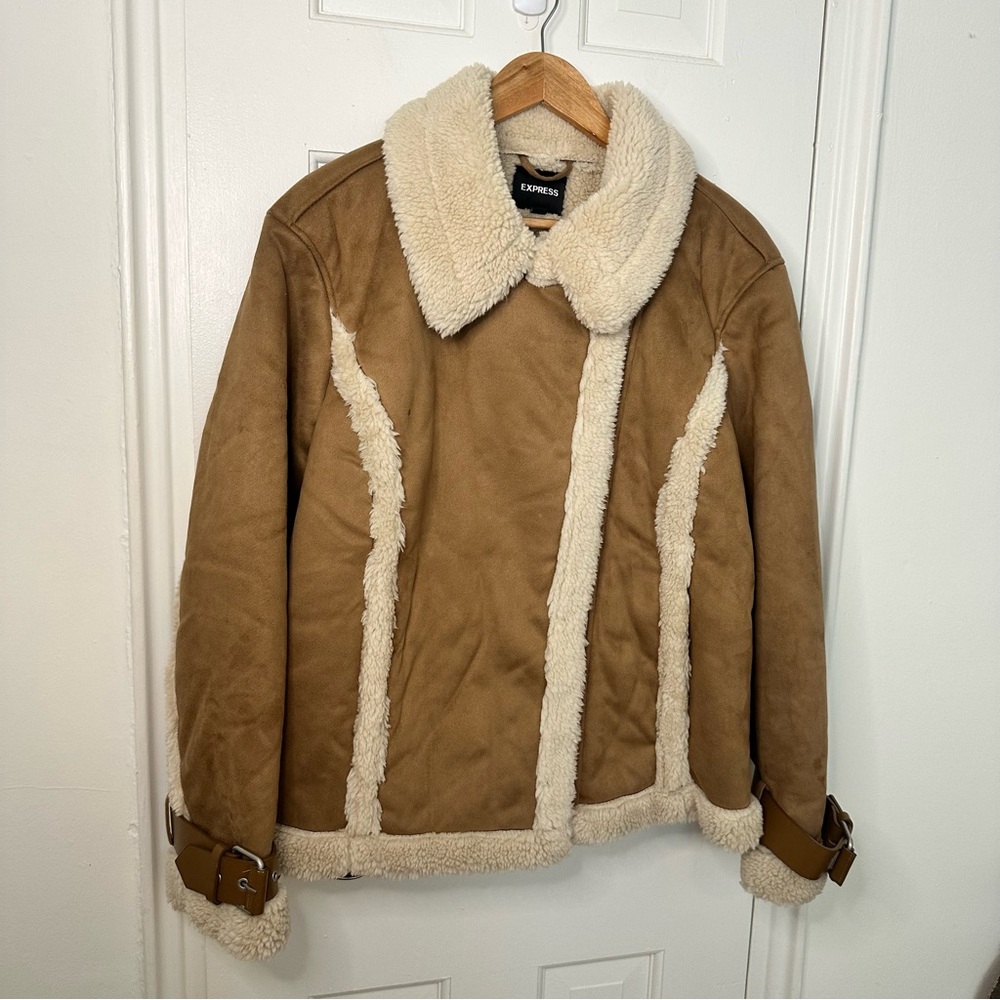 Express Faux Suede Sherpa Jacket Camel Brown Afghan Shearling Penny Lane Western - Picture 5 of 10